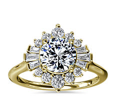 Baguette and Round Ballerina Halo Diamond Engagement Ring in 14k Yellow Gold